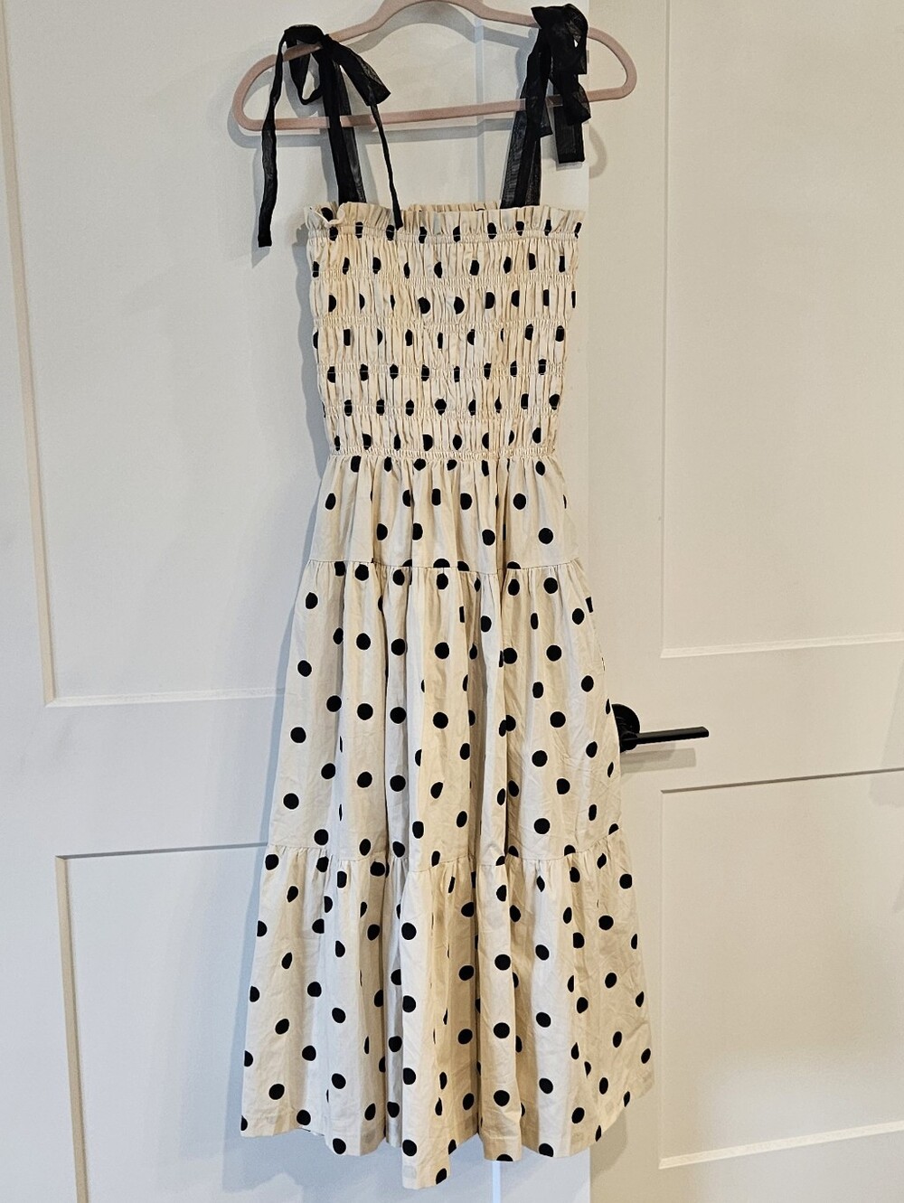 En Saison Cream Polka Dot Smocked Sundress with Black Ribbon Ties